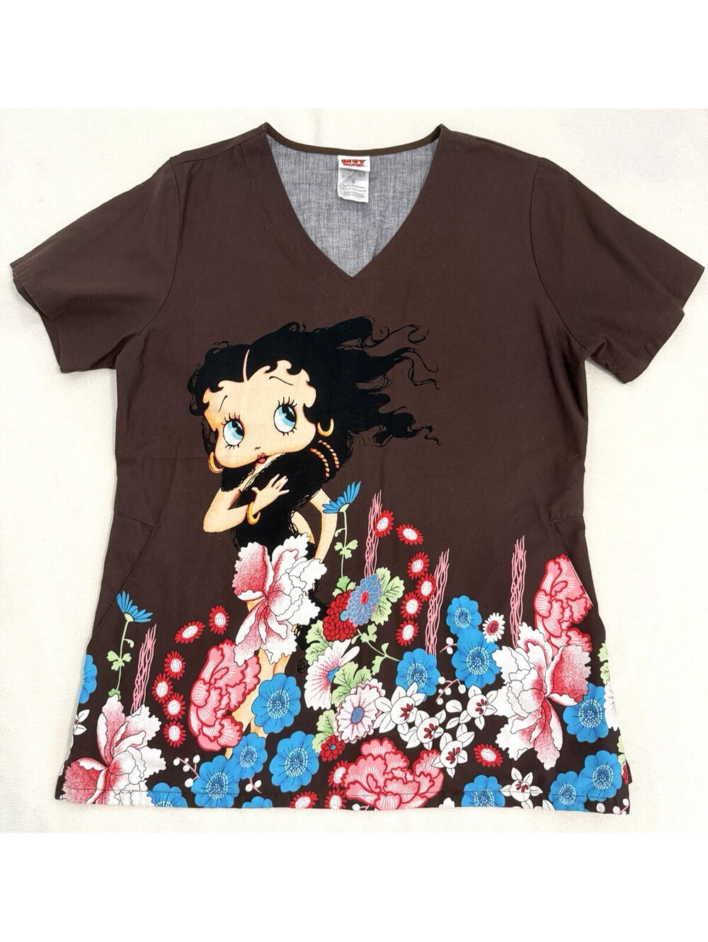 Betty Boop Women's Scrub Top Size S Brown Floral 2010 Cinch Back 100% Cotton